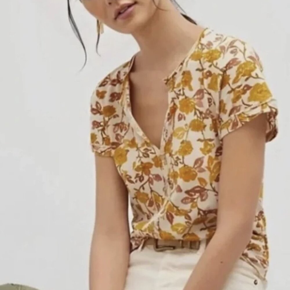 Anthropologie Pilcro Multicolor Printed Short Sleeve Spliced-Neck Tee
